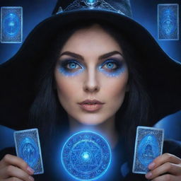 Stunningly animated eyes of a beautiful witch, glowing with intense blue, gazing at mystical tarot cards