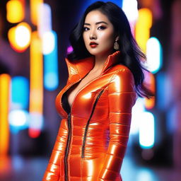 A fashionable Asian woman wearing a tight, shiny orange puffer corset, posing confidently