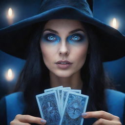 Stunningly animated eyes of a beautiful witch, glowing with intense blue, gazing at mystical tarot cards