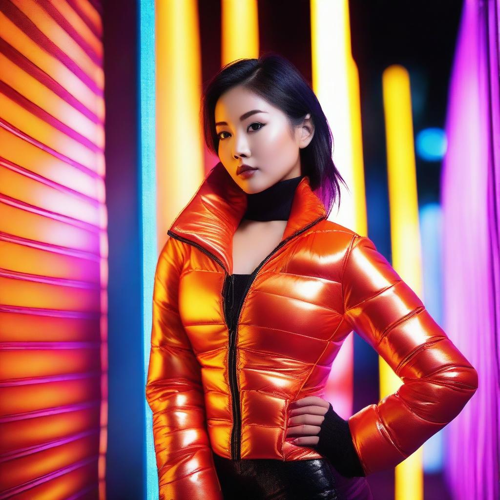 A fashionable Asian woman wearing a tight, shiny orange puffer corset, posing confidently