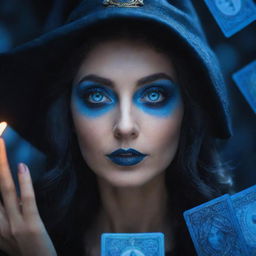 Stunningly animated eyes of a beautiful witch, glowing with intense blue, gazing at mystical tarot cards