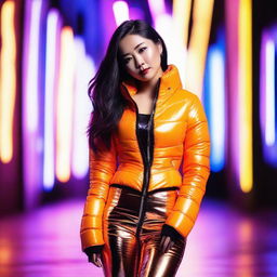 A fashionable Asian woman wearing a tight, shiny orange puffer corset, posing confidently in a modern urban environment with vibrant neon lights