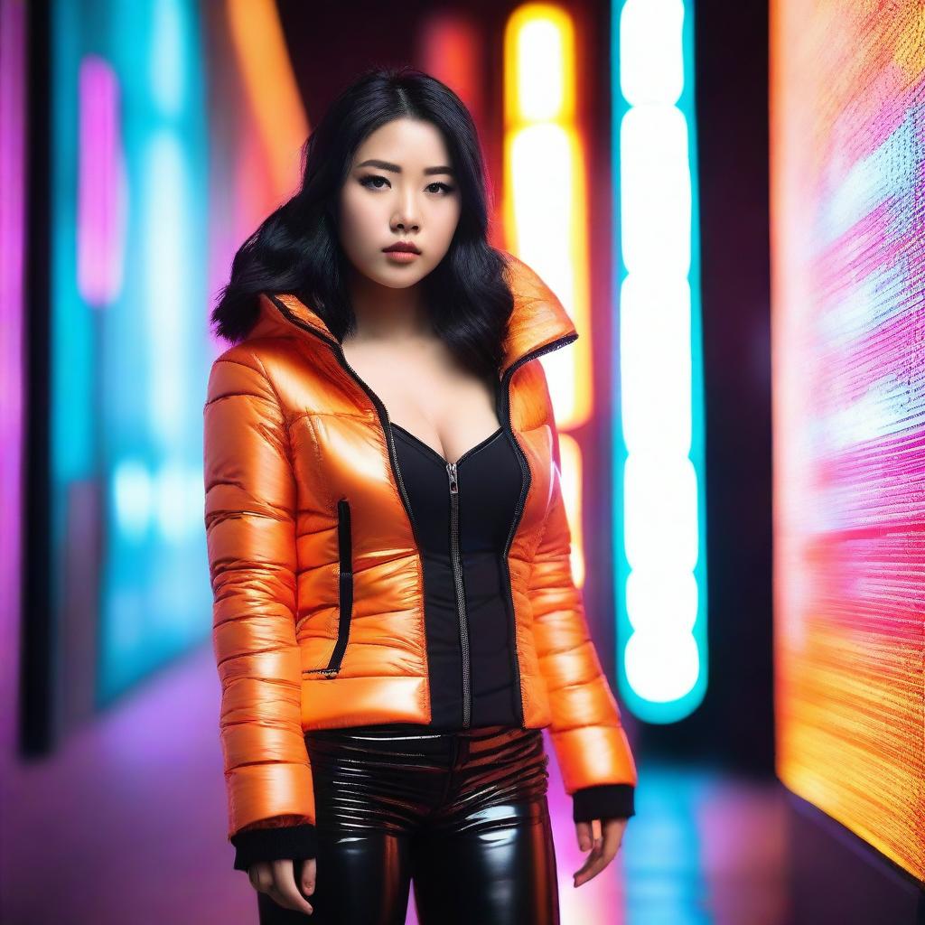 A fashionable Asian woman wearing a tight, shiny orange puffer corset, posing confidently in a modern urban environment with vibrant neon lights