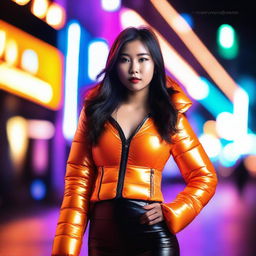 A fashionable Asian woman wearing a tight, shiny orange puffer corset, posing confidently in a modern urban environment with vibrant neon lights