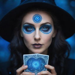 Stunningly animated eyes of a beautiful witch, glowing with intense blue, gazing at mystical tarot cards