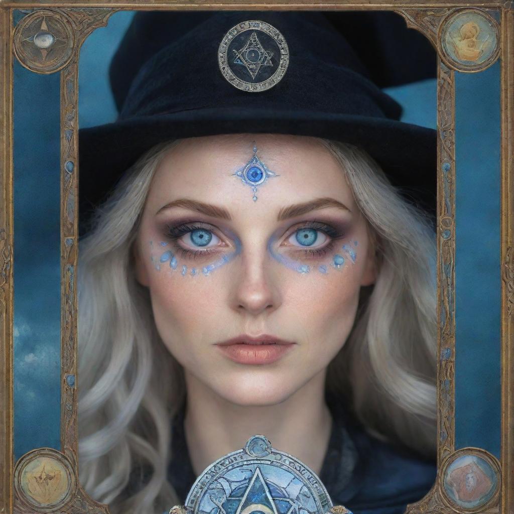 Beautifully animated close-up of bewitching blue eyes of a witch, framed with tarot symbols, rendered in soft watery colors