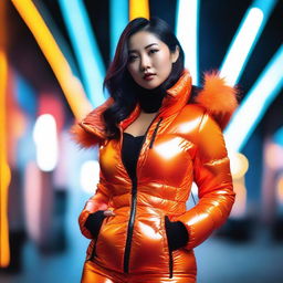 A fashionable Asian woman wearing a tight, shiny orange puffer corset, posing confidently in a modern urban environment with vibrant neon lights