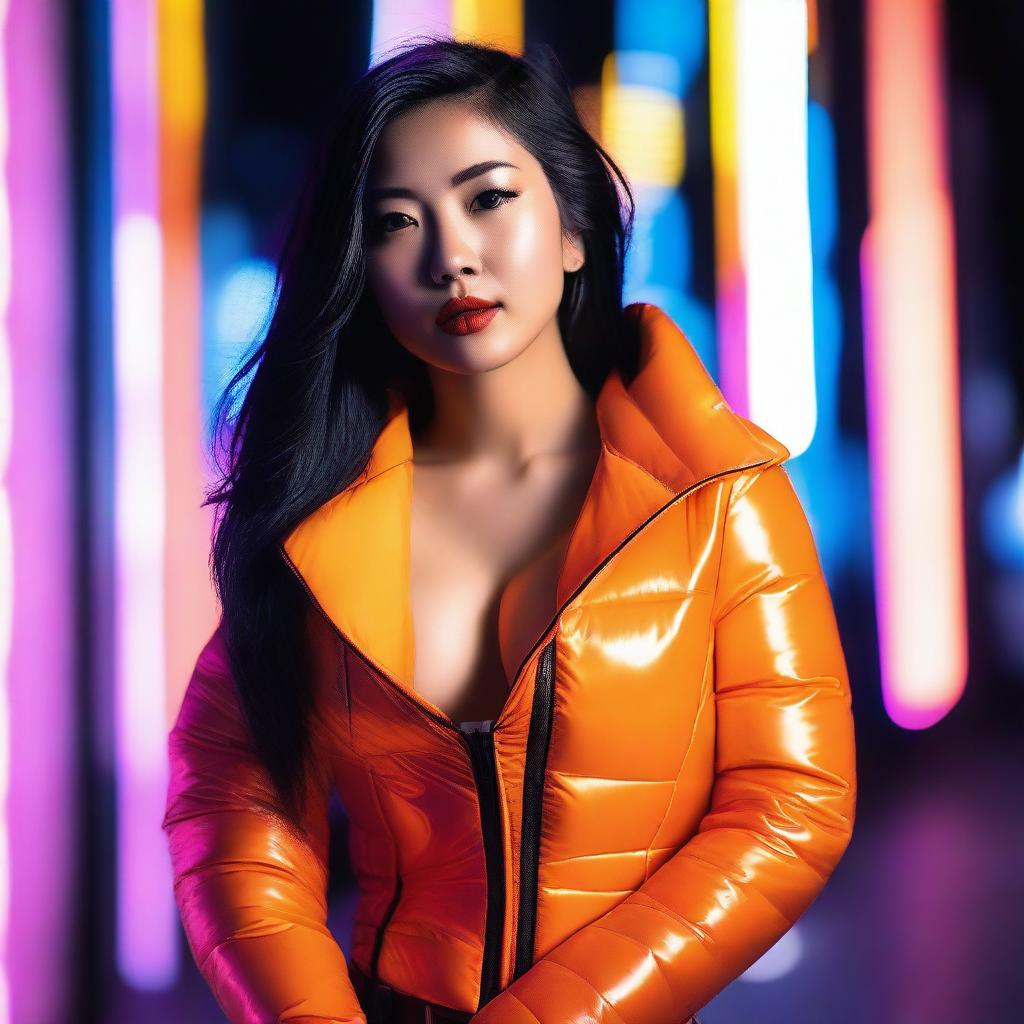 A fashionable Asian woman wearing a tight, shiny orange puffer corset, posing confidently in a modern urban environment with vibrant neon lights