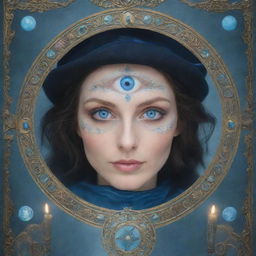 Beautifully animated close-up of bewitching blue eyes of a witch, framed with tarot symbols, rendered in soft watery colors