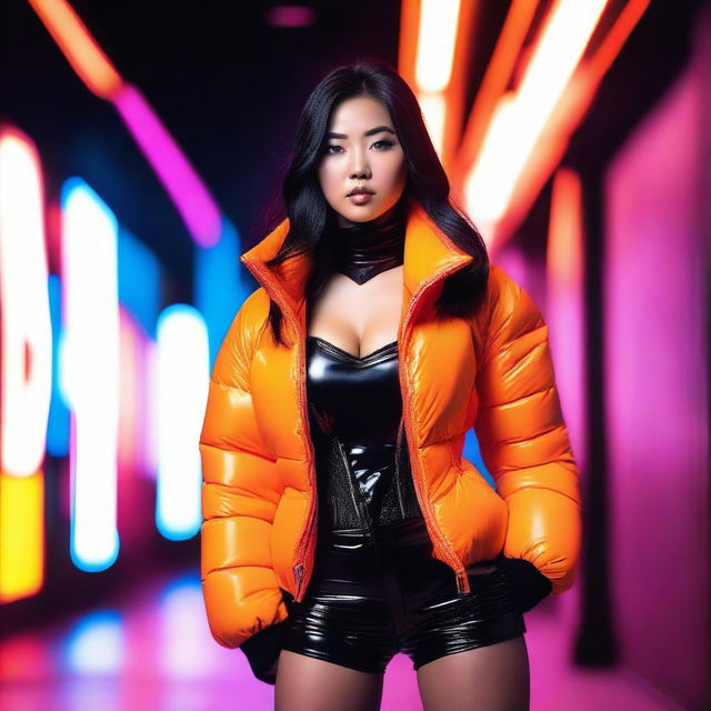 A stylish Asian woman wearing a tight, shiny orange puffer corset, posing confidently in a modern urban setting with vibrant neon lights