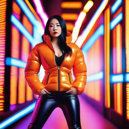 A stylish Asian woman wearing a tight, shiny orange puffer corset, posing confidently in a modern urban setting with vibrant neon lights