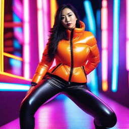 A stylish Asian woman wearing a tight, shiny orange puffer corset, posing confidently in a modern urban setting with vibrant neon lights