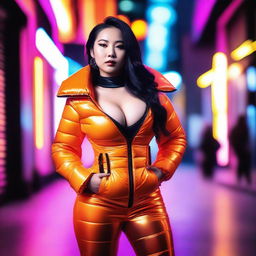 A stylish Asian woman wearing a tight, shiny orange puffer corset, posing confidently in a modern urban setting with vibrant neon lights