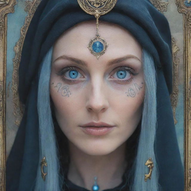 Beautifully animated close-up of bewitching blue eyes of a witch, framed with tarot symbols, rendered in soft watery colors