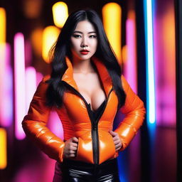 A stylish Asian woman wearing a tight, shiny orange puffer corset, posing confidently in a modern urban setting with vibrant neon lights