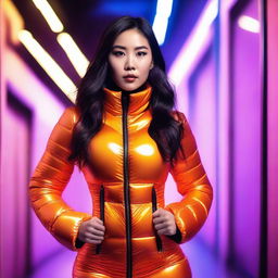 A stylish Asian woman wearing a tight, shiny orange puffer corset, posing confidently in a modern urban setting with vibrant neon lights