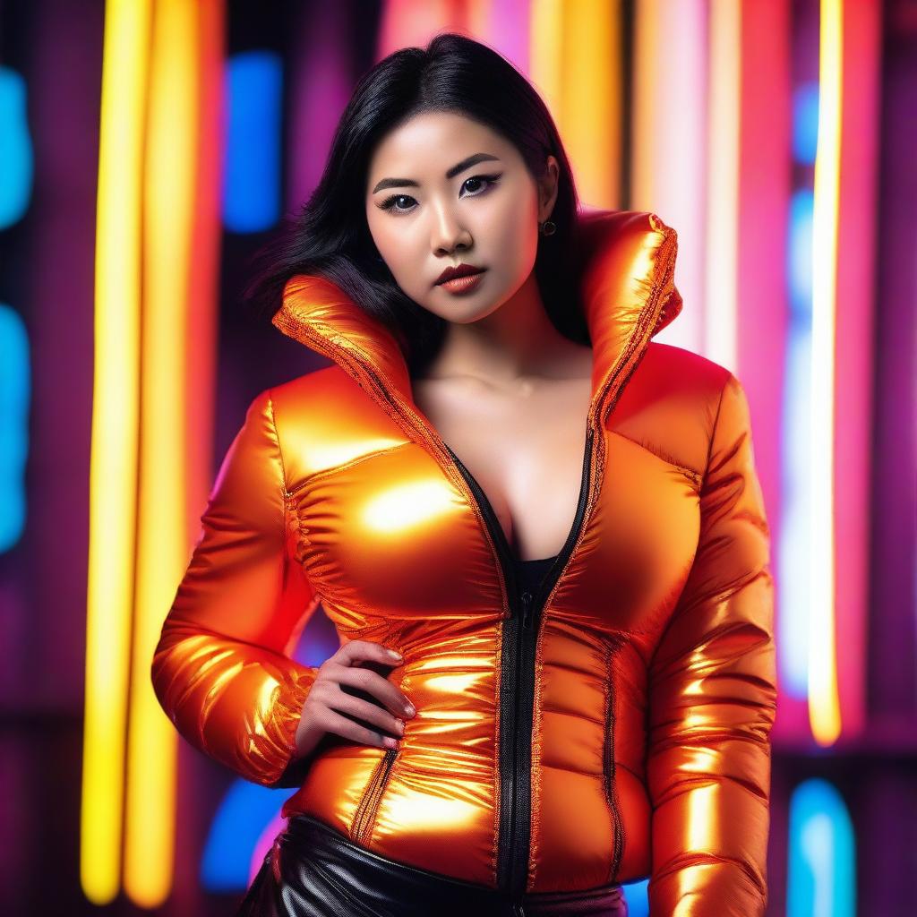 A stylish Asian woman wearing a tight, shiny orange puffer corset, posing confidently in a modern urban setting with vibrant neon lights