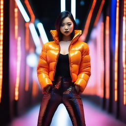 A stylish Asian woman wearing a tight, shiny orange puffer corset, posing confidently in a modern urban setting with vibrant neon lights