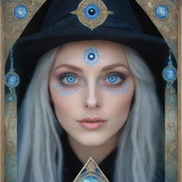 Beautifully animated close-up of bewitching blue eyes of a witch, framed with tarot symbols, rendered in soft watery colors