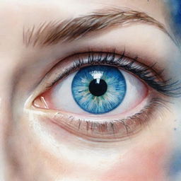 Vibrantly animated close-up of strikingly beautiful blue eyes rendered in a dynamic watercolor style