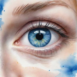 Vibrantly animated close-up of strikingly beautiful blue eyes rendered in a dynamic watercolor style