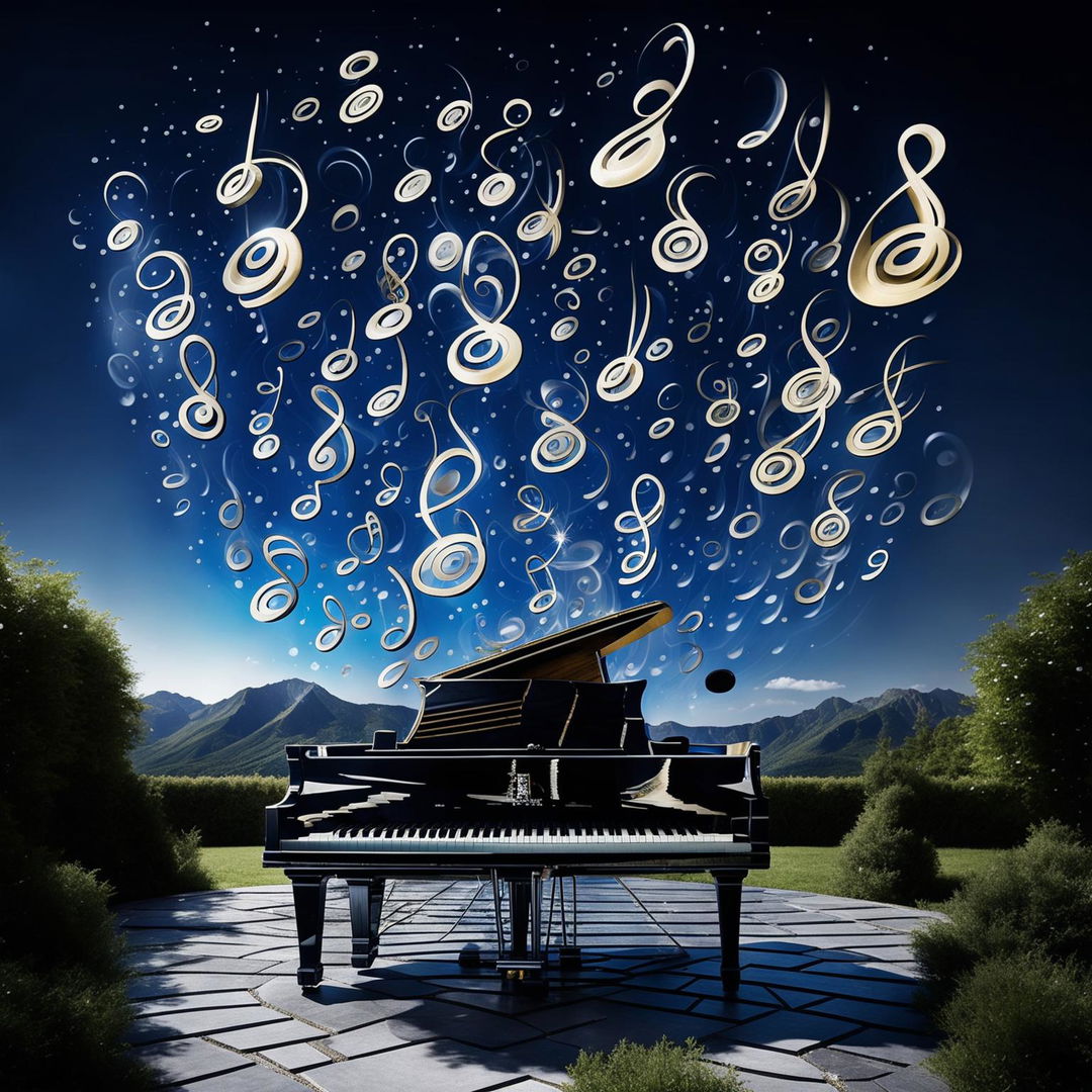 A majestic Steinway grand piano with floating musical notes swirling up into the sky in a serene outdoor setting.