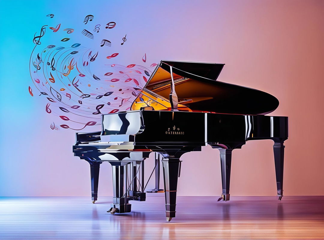 A side view of a grand piano with floating musical notes rising into a pastel-colored sky, creating a dreamy and serene atmosphere