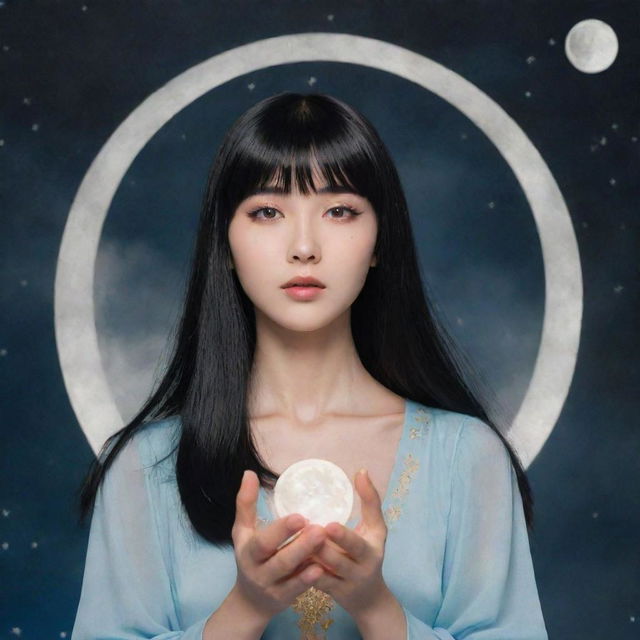 A tarot-reading girl with sleek black hair and bangs, subtly connecting to the moon with a mystical aura