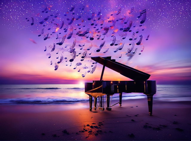 A grand piano on a beach at sunset with floating musical notes and stars rising into the evening sky, creating a magical and serene scene