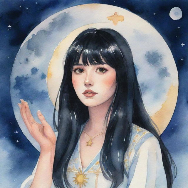 An animated watercolor portrait of a tarot-reading girl with sleek black hair and bangs, dynamically connected to the moon through a mystical energy