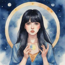 An animated watercolor portrait of a tarot-reading girl with sleek black hair and bangs, dynamically connected to the moon through a mystical energy