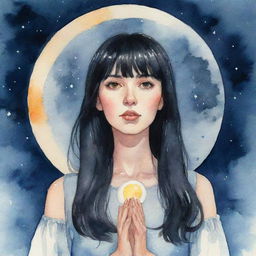 An animated watercolor portrait of a tarot-reading girl with sleek black hair and bangs, dynamically connected to the moon through a mystical energy