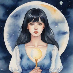 An animated watercolor portrait of a tarot-reading girl with sleek black hair and bangs, dynamically connected to the moon through a mystical energy