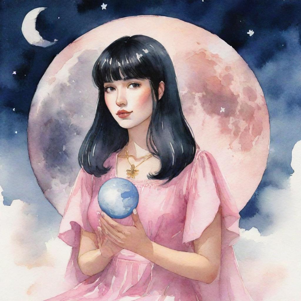 An animated watercolor portrait of a stylish tarot-reading girl with sleek black hair and bangs, wearing a pink dress, mystically connected to the moon