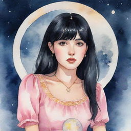 An animated watercolor portrait of a stylish tarot-reading girl with sleek black hair and bangs, wearing a pink dress, mystically connected to the moon