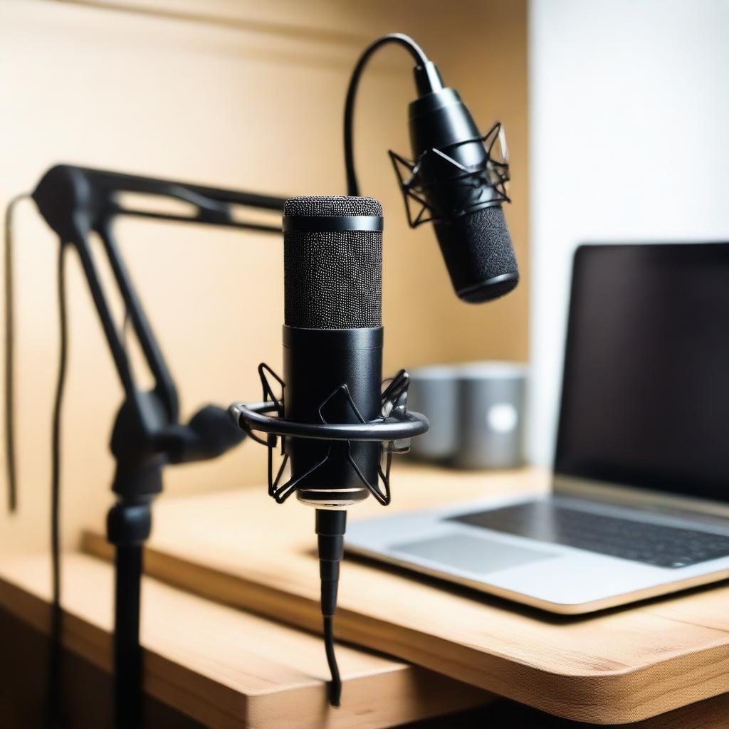 A high-quality image of a modern podcast microphone setup in a studio