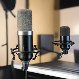 A high-quality image of a modern podcast microphone setup in a studio