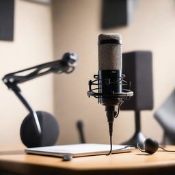 A high-quality image of a modern podcast microphone setup in a studio