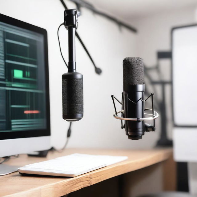 A high-quality image of a modern podcast microphone setup in a studio