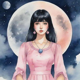 An animated watercolor portrait of a stylish tarot-reading girl with sleek black hair and bangs, wearing a pink dress, mystically connected to the moon