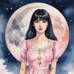 An animated watercolor portrait of a stylish tarot-reading girl with sleek black hair and bangs, wearing a pink dress, mystically connected to the moon