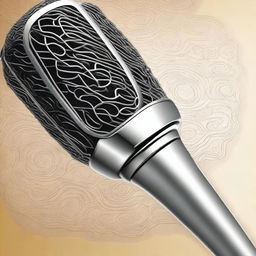 A detailed illustration of a microphone, showcasing its intricate design and metallic finish