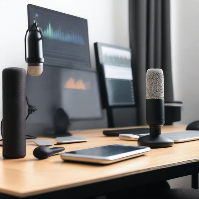 A high-quality image of a professional podcast setup with a sleek microphone on a desk, surrounded by soundproofing foam and a computer screen displaying audio recording software