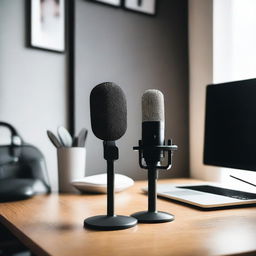 A high-quality image of a professional podcast setup with a sleek microphone on a desk, surrounded by soundproofing foam and a computer screen displaying audio recording software