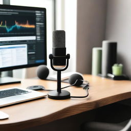 A high-quality image of a professional podcast setup with a sleek microphone on a desk, surrounded by soundproofing foam and a computer screen displaying audio recording software