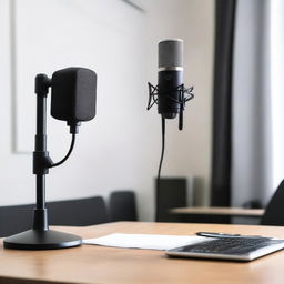 A high-quality image of a professional podcast setup with a sleek microphone on a desk, surrounded by soundproofing foam and a computer screen displaying audio recording software