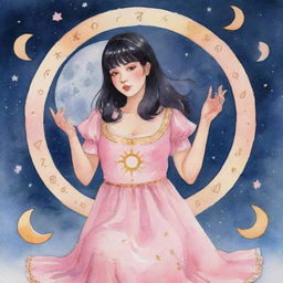 A lively watercolor animation of a plump tarot-reading girl with sleek black hair and bangs, wearing a pink dress, delicately linked to the moon, surrounded by tarot symbols