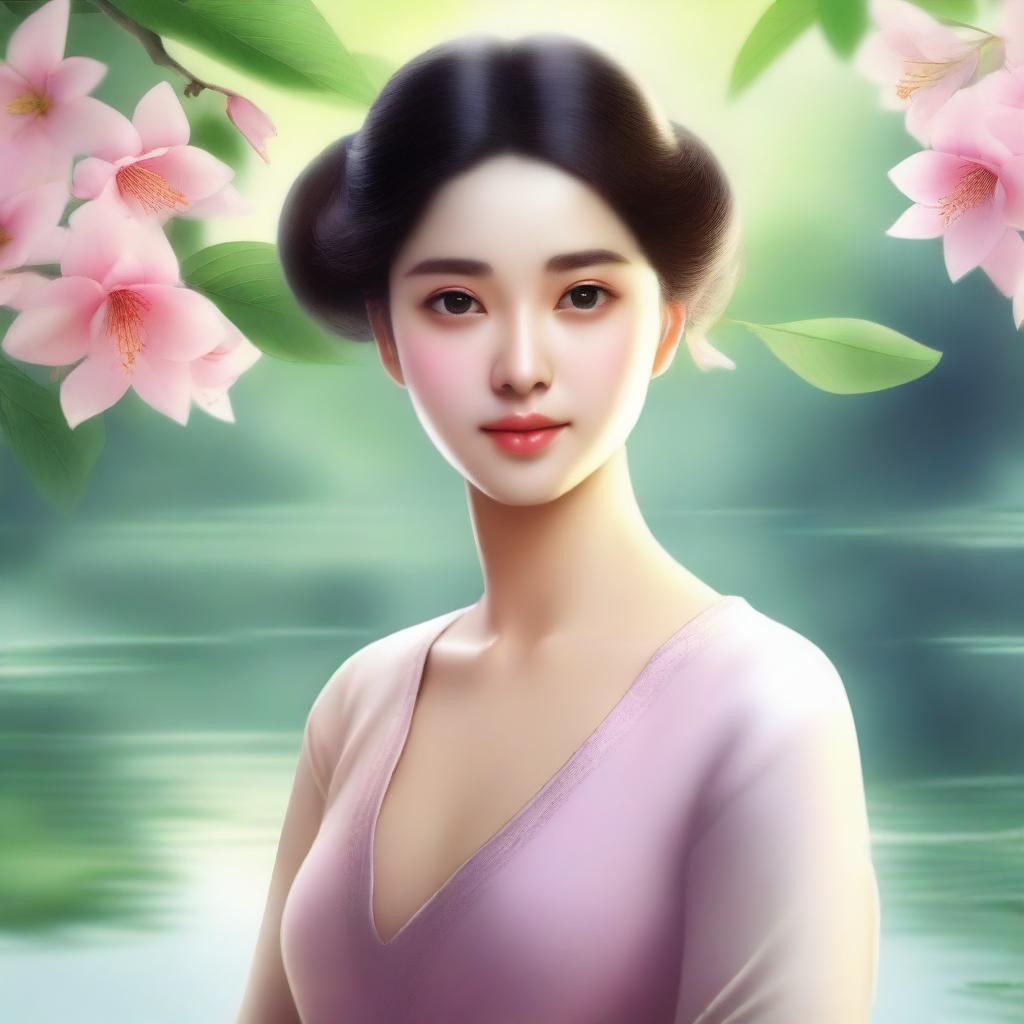 A serene and peaceful scene featuring Dona, a beautiful and graceful character, standing in a tranquil environment