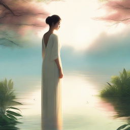 A serene and peaceful scene featuring Dona, a beautiful and graceful character, standing in a tranquil environment