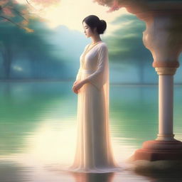 A serene and peaceful scene featuring Dona, a beautiful and graceful character, standing in a tranquil environment